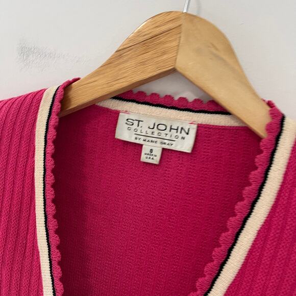 St. John Pink & White Scallop Hem Tie Knit Sweater Size 8 - Picture 2 of 5